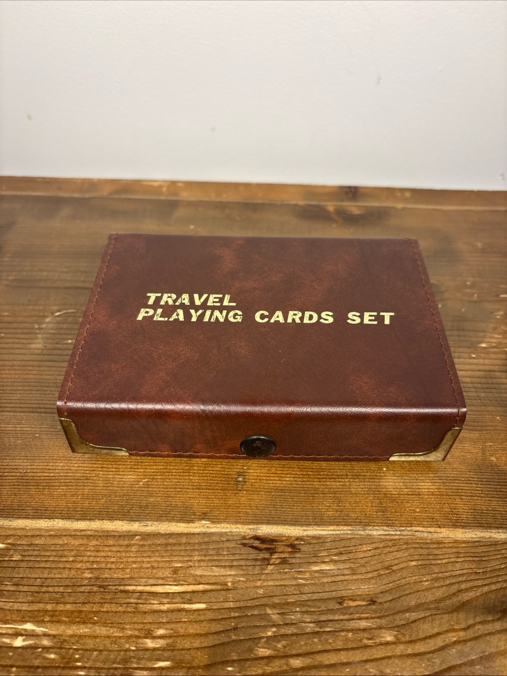 Vintage Travel Playing Card Set Case Brown Leatherette 6.25" Mid Century Style